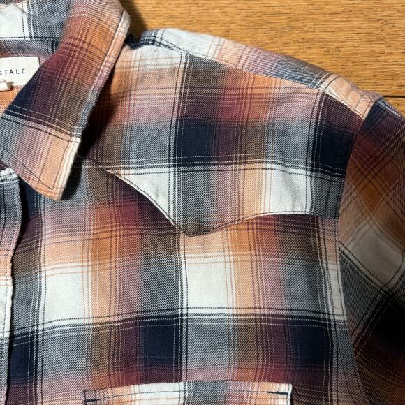 Aeropostale Men Pearl Snap Flannel Shirt SZ L Plaid Western Orange Black Burgund - Picture 4 of 6